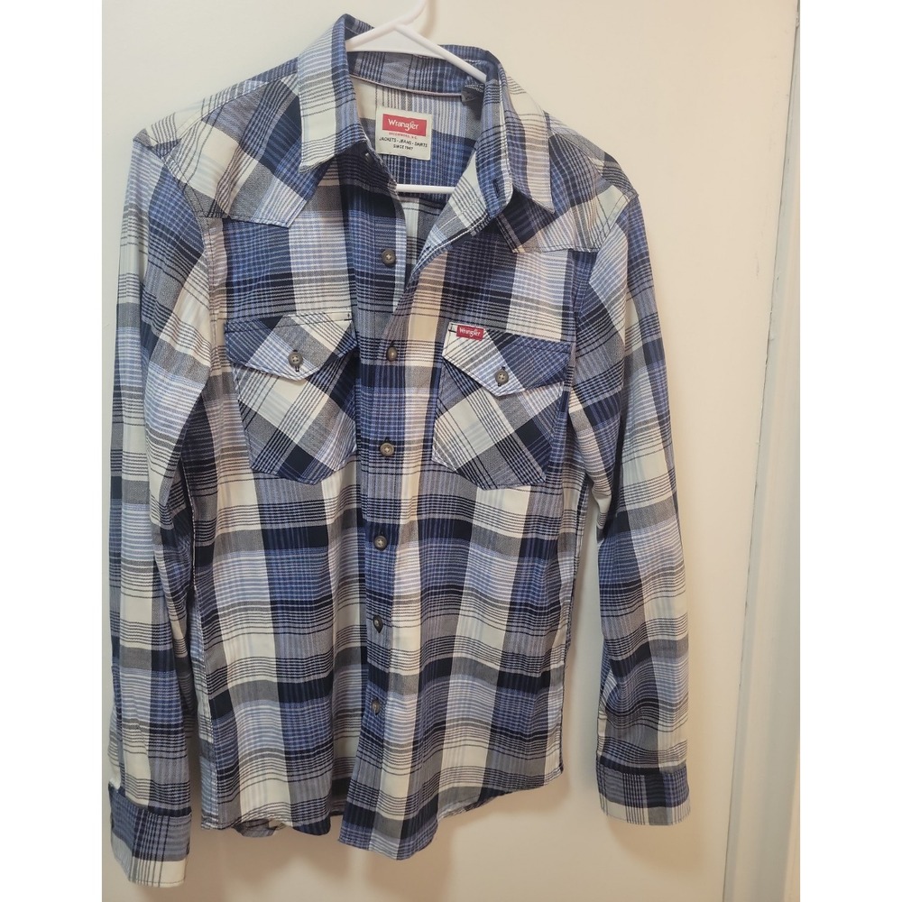 Wrangler Men's Blue/White/Gray Plaid Long Sleeve Button-Up Shirt Pockets Sz S